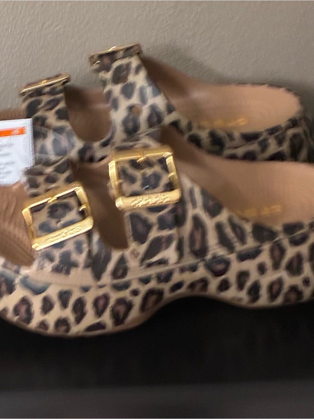 CROCS Leopard Print Double-Buckle platform in Tan and Black with Gold Buckles - Picture 2 of 4